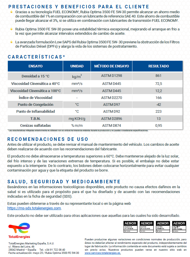 Aceite totalenergies RUBIA OPTIMA 3500 FE 5W-30 pack 2 garrafas 20L